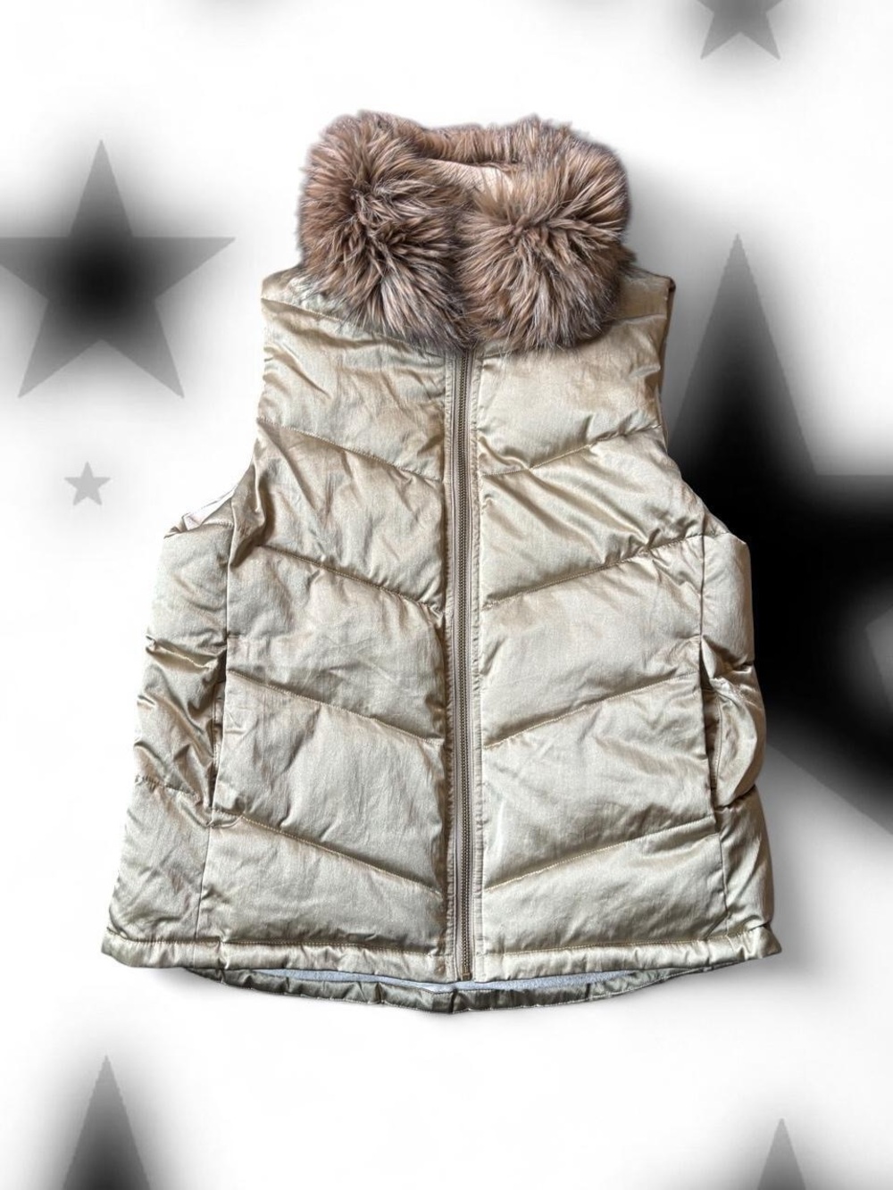 Women’s Metallic Puffer Vest with Faux Fur Collar - Champagne